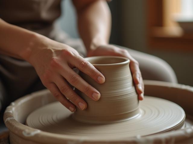 Hände formen Ton auf einer Töpferscheibe, symbolisiert individuelle Anfertigungen