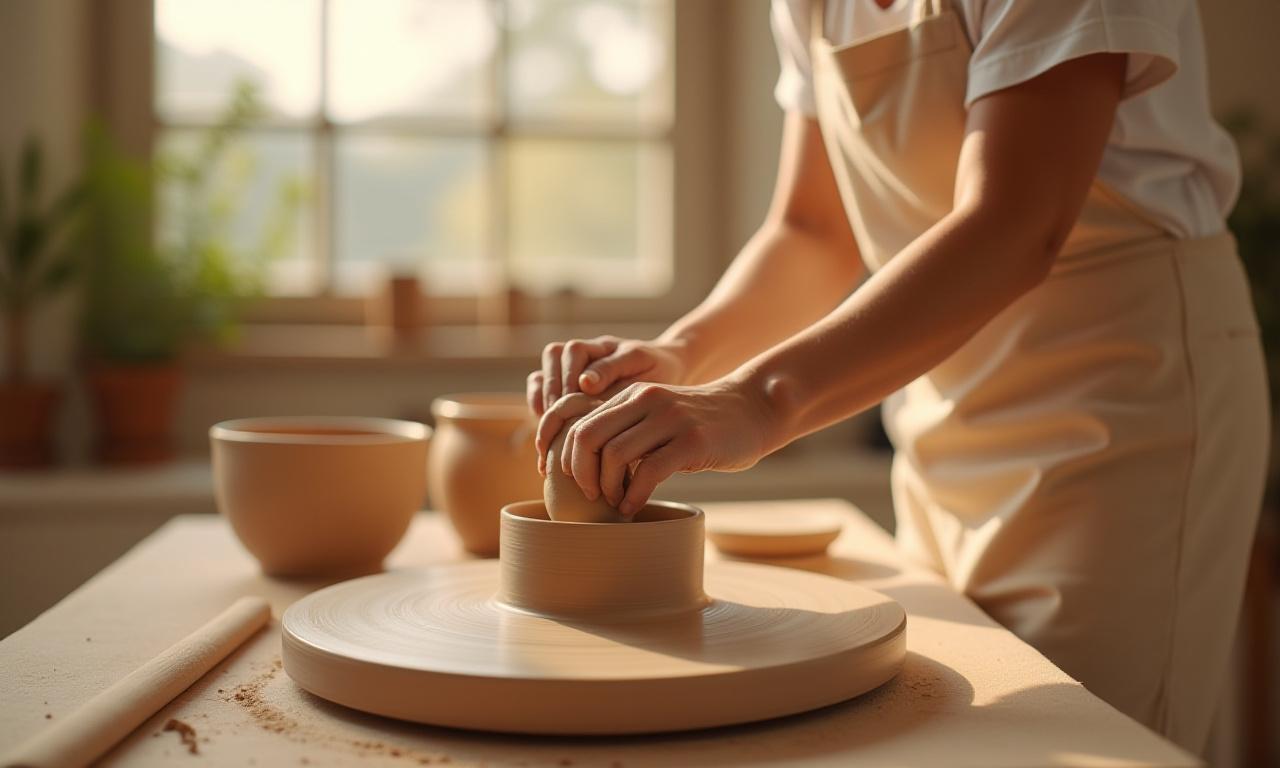 Hände modellieren Ton auf einer Töpferscheibe in einem hellen Atelier.