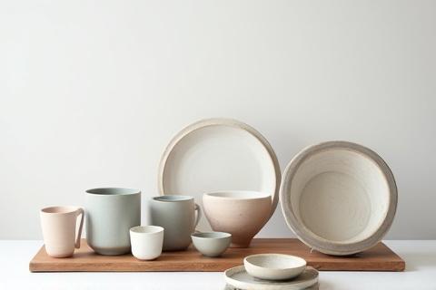 Ausstellung von fertigen handgefertigten Keramikstücken, darunter Tassen und Schalen
