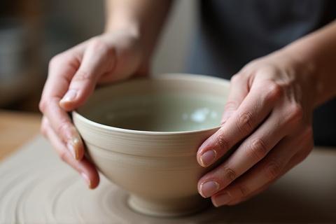 Künstler trägt Glasur auf eine getöpferte Schale auf